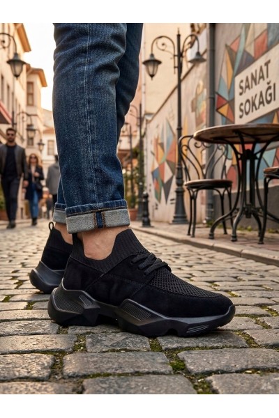403 Yumuşak Triko Dokulu Yüksek Taban Siyah Spor Ayakkabı 