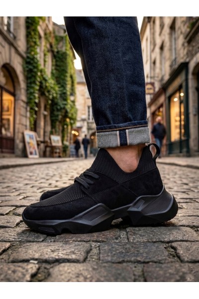 403 Yumuşak Triko Dokulu Yüksek Taban Siyah Spor Ayakkabı 