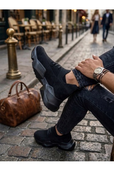 403 Yumuşak Triko Dokulu Yüksek Taban Siyah Spor Ayakkabı 