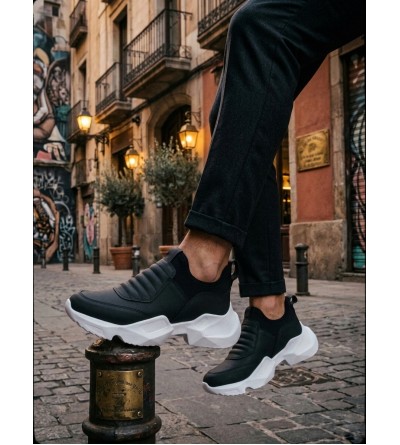 BA0402 Bağcıksız Rahat Yüksek Taban Siyah Erkek Spor Yarım Bilek Bot