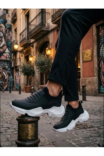 BA0402 Bağcıksız Rahat Yüksek Taban Siyah Erkek Spor Yarım Bilek Bot