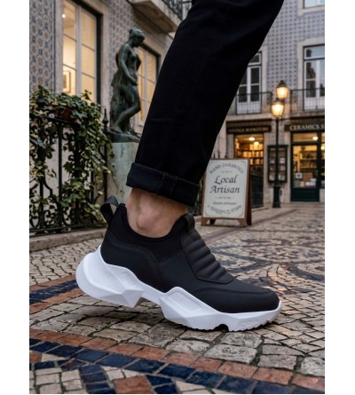 BA0402 Bağcıksız Rahat Yüksek Taban Siyah Erkek Spor Yarım Bilek Bot