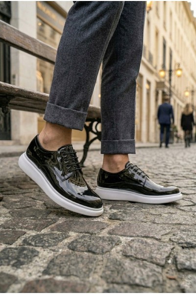 BA0003 Siyah Bağcıklı Rugan Beyaz Taban Erkek Klasik Ayakkabı