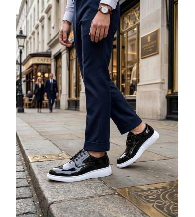 BA0003 Siyah Bağcıklı Rugan Beyaz Taban Erkek Klasik Ayakkabı