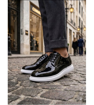 BA0003 Siyah Bağcıklı Rugan Beyaz Taban Erkek Klasik Ayakkabı