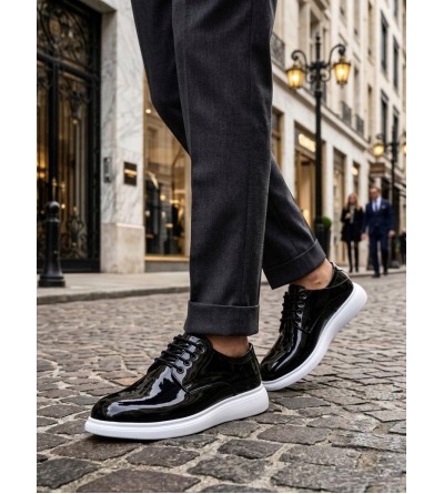 BA0003 Siyah Bağcıklı Rugan Beyaz Taban Erkek Klasik Ayakkabı