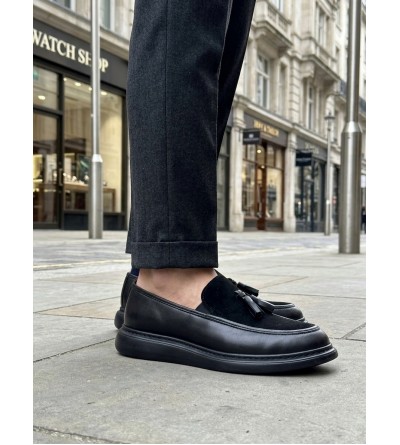 BA0005 Yeni Sezon Kalın Tabanlı Siyah Süet Makosen Ayakkabı