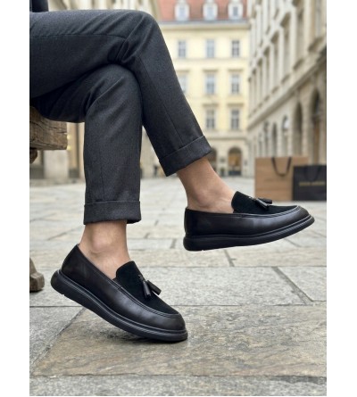 BA0005 Yeni Sezon Kalın Tabanlı Siyah Süet Makosen Ayakkabı