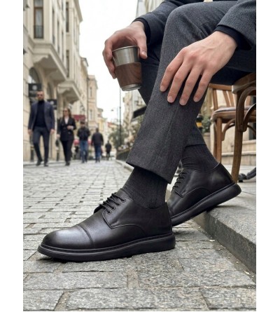 BA0003 Siyah Kapaklı Burun Bağcıklı Erkek Oxford Ayakkabı