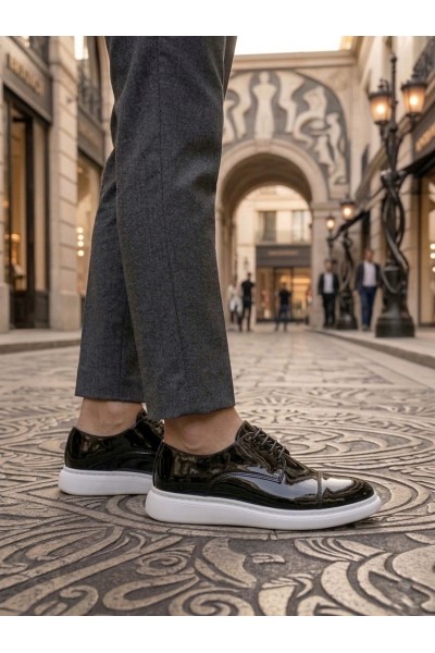 BA0003 Siyah Kapaklı Burun Bağcıklı Rugan Beyaz Taban Erkek Oxford Ayakkabı