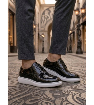 BA0003 Siyah Kapaklı Burun Bağcıklı Rugan Beyaz Taban Erkek Oxford Ayakkabı