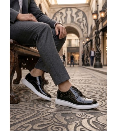 BA0003 Siyah Kapaklı Burun Bağcıklı Rugan Beyaz Taban Erkek Oxford Ayakkabı