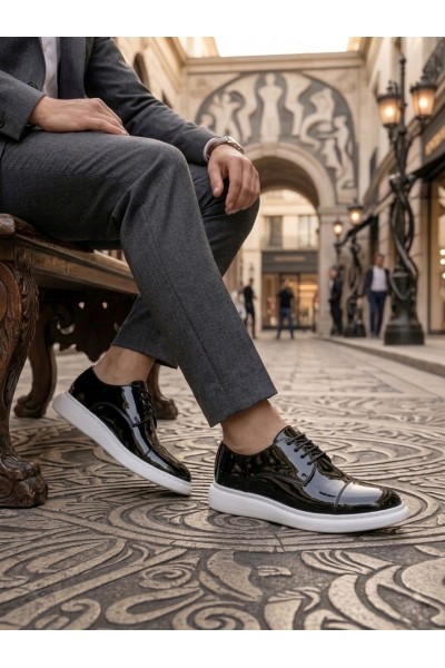 BA0003 Siyah Kapaklı Burun Bağcıklı Rugan Beyaz Taban Erkek Oxford Ayakkabı