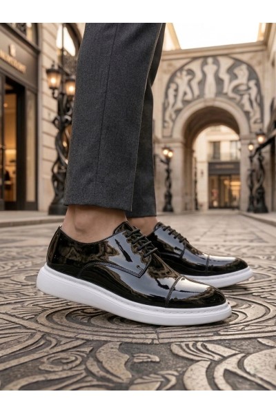 BA0003 Siyah Kapaklı Burun Bağcıklı Rugan Beyaz Taban Erkek Oxford Ayakkabı