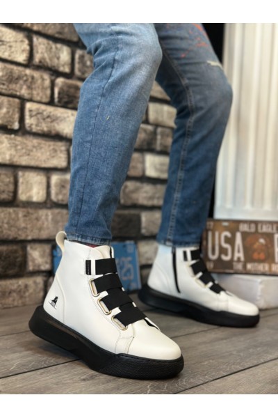 BA0142 Bantlı Erkek Yüksek Taban Beyaz Siyah Spor Bot BA0142 Bantlı Erkek Yüksek Taban Beyaz Siyah Spor Bot