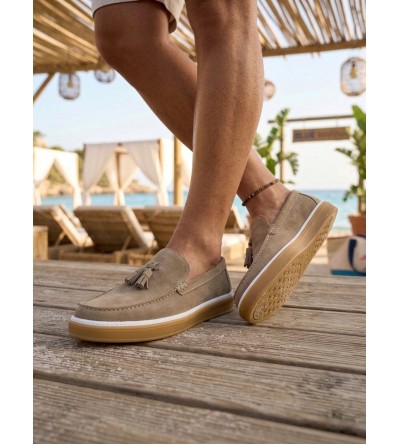 BA0250 %100 İçi Dışı Hakiki Deri Erkek Bej Süet Casual Loafer Püskül Detaylı Kauçuk Rahat Taban Dikişli Ayakkabı