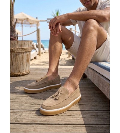 BA0250 %100 İçi Dışı Hakiki Deri Erkek Bej Süet Casual Loafer Püskül Detaylı Kauçuk Rahat Taban Dikişli Ayakkabı