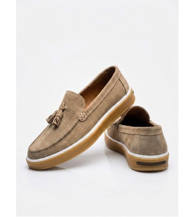 BA0250 %100 İçi Dışı Hakiki Deri Erkek Bej Süet Casual Loafer Püskül Detaylı Kauçuk Rahat Taban Dikişli Ayakkabı