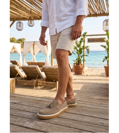 BA0250 %100 İçi Dışı Hakiki Deri Erkek Bej Süet Casual Loafer Püskül Detaylı Kauçuk Rahat Taban Dikişli Ayakkabı