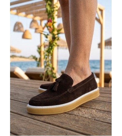 BA0250 %100 İçi Dışı Hakiki Deri Erkek Kahverengi Süet Casual Loafer Püskül Detaylı Kauçuk Rahat Taban Dikişli Ayakkabı