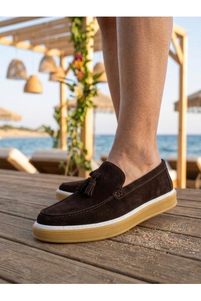 BA0250 %100 İçi Dışı Hakiki Deri Erkek Kahverengi Süet Casual Loafer Püskül Detaylı Kauçuk Rahat Taban Dikişli Ayakkabı