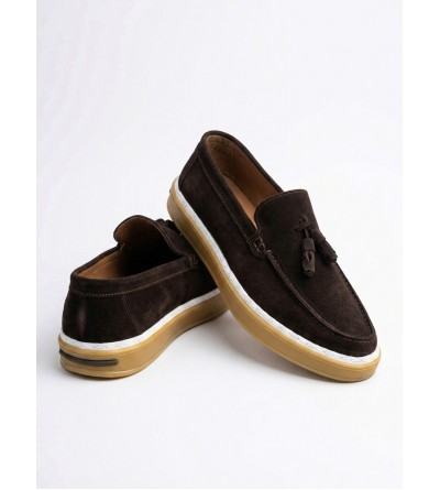 BA0250 %100 İçi Dışı Hakiki Deri Erkek Kahverengi Süet Casual Loafer Püskül Detaylı Kauçuk Rahat Taban Dikişli Ayakkabı