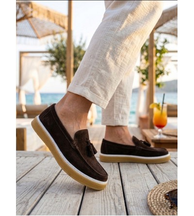 BA0250 %100 İçi Dışı Hakiki Deri Erkek Kahverengi Süet Casual Loafer Püskül Detaylı Kauçuk Rahat Taban Dikişli Ayakkabı