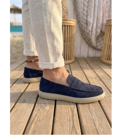BA0251 %100 İçi Dışı Hakiki Deri Erkek Lacivert Süet Casual Loafer Kauçuk Rahat Taban Dikişli Ayakkabı
