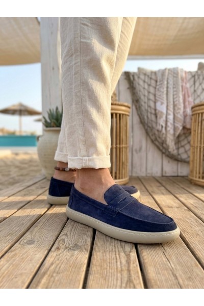 BA0251 %100 İçi Dışı Hakiki Deri Erkek Lacivert Süet Casual Loafer Kauçuk Rahat Taban Dikişli Ayakkabı