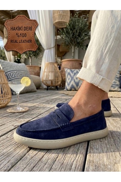 BA0251 %100 İçi Dışı Hakiki Deri Erkek Lacivert Süet Casual Loafer Kauçuk Rahat Taban Dikişli Ayakkabı