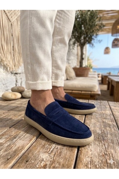 BA0251 %100 İçi Dışı Hakiki Deri Erkek Lacivert Süet Casual Loafer Kauçuk Rahat Taban Dikişli Ayakkabı
