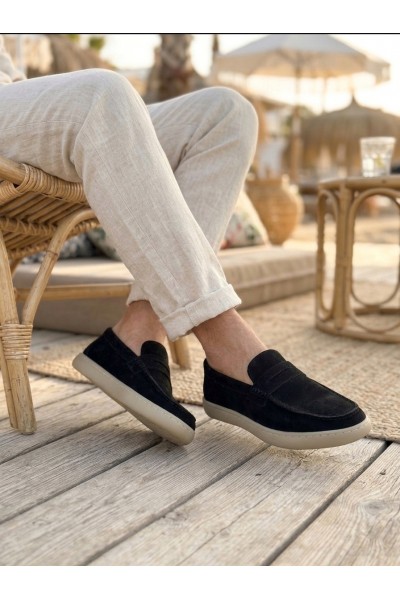BA0251 %100 İçi Dışı Hakiki Deri Erkek Siyah Süet Casual Loafer Kauçuk Rahat Taban Dikişli Ayakkabı