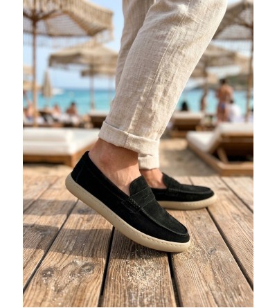 BA0251 %100 İçi Dışı Hakiki Deri Erkek Siyah Süet Casual Loafer Kauçuk Rahat Taban Dikişli Ayakkabı