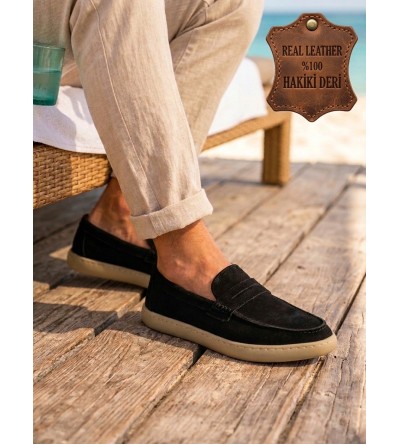 BA0251 %100 İçi Dışı Hakiki Deri Erkek Siyah Süet Casual Loafer Kauçuk Rahat Taban Dikişli Ayakkabı