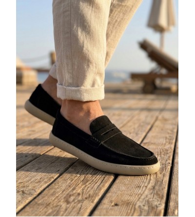 BA0251 %100 İçi Dışı Hakiki Deri Erkek Siyah Süet Casual Loafer Kauçuk Rahat Taban Dikişli Ayakkabı