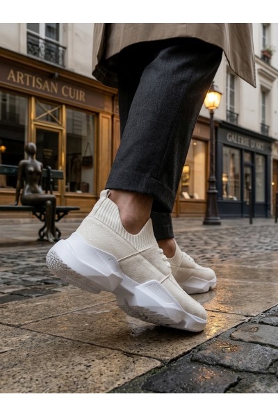 403 Yumuşak Triko Dokulu Yüksek Taban Beyaz Spor Ayakkabı 