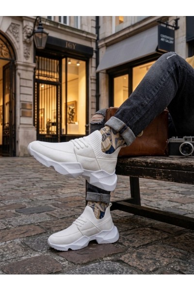 403 Yumuşak Triko Dokulu Yüksek Taban Beyaz Spor Ayakkabı 