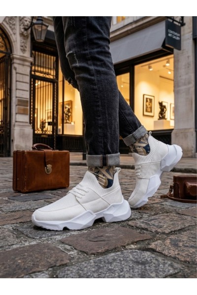 403 Yumuşak Triko Dokulu Yüksek Taban Beyaz Spor Ayakkabı 