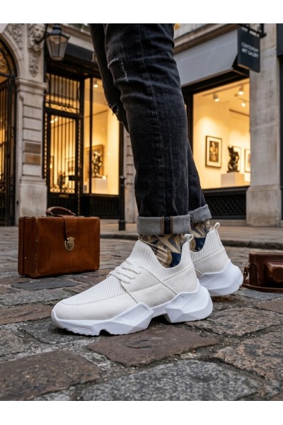 403 Yumuşak Triko Dokulu Yüksek Taban Beyaz Spor Ayakkabı 