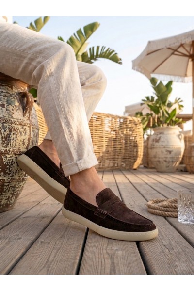 BA0251 %100 İçi Dışı Hakiki Deri Erkek Kahverengi Süet Casual Loafer Kauçuk Rahat Taban Dikişli Ayakkabı