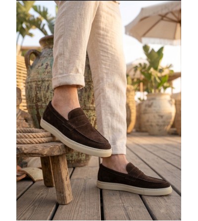 BA0251 %100 İçi Dışı Hakiki Deri Erkek Kahverengi Süet Casual Loafer Kauçuk Rahat Taban Dikişli Ayakkabı