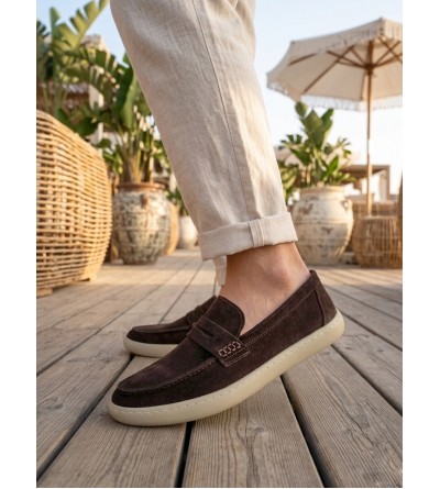 BA0251 %100 İçi Dışı Hakiki Deri Erkek Kahverengi Süet Casual Loafer Kauçuk Rahat Taban Dikişli Ayakkabı