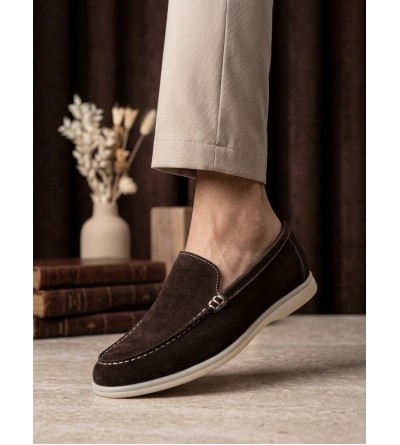BA0252 %100 İçi Dışı Hakiki Deri Erkek Kahverengi Süet Casual Loafer Termo Taban Ayakkabı