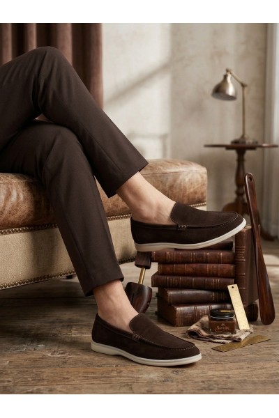BA0252 %100 İçi Dışı Hakiki Deri Erkek Kahverengi Süet Casual Loafer Termo Taban Ayakkabı