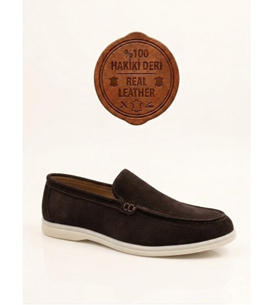 BA0252 %100 İçi Dışı Hakiki Deri Erkek Kahverengi Süet Casual Loafer Termo Taban Ayakkabı