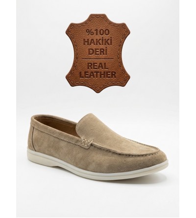 BA0252 %100 İçi Dışı Hakiki Deri Erkek Krem Süet Casual Loafer Termo Taban Ayakkabı