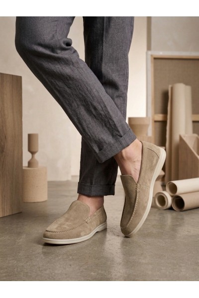 BA0252 %100 İçi Dışı Hakiki Deri Erkek Krem Süet Casual Loafer Termo Taban Ayakkabı