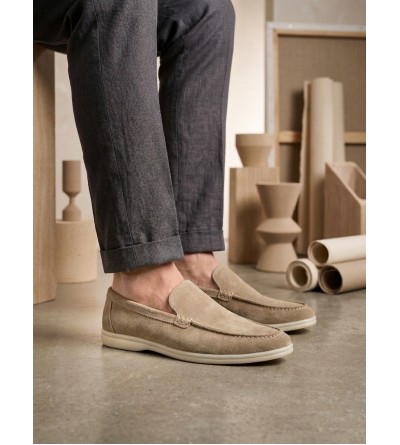 BA0252 %100 İçi Dışı Hakiki Deri Erkek Krem Süet Casual Loafer Termo Taban Ayakkabı