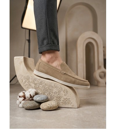 BA0252 %100 İçi Dışı Hakiki Deri Erkek Krem Süet Casual Loafer Termo Taban Ayakkabı