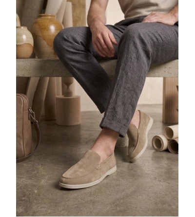 BA0252 %100 İçi Dışı Hakiki Deri Erkek Krem Süet Casual Loafer Termo Taban Ayakkabı
